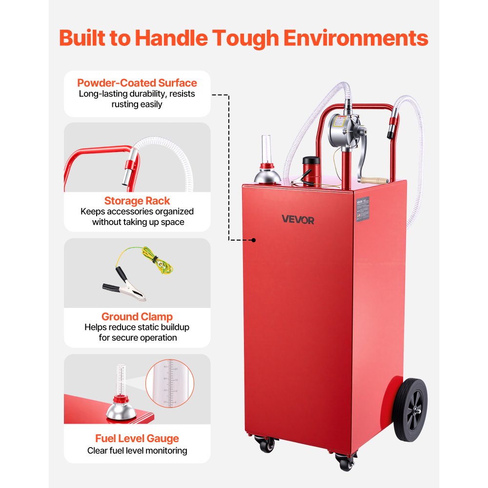 VEVOR 50 Gallon Fuel Gas Caddy, Carbon Steel, Portable Fuel Transfer Storage Tank with Manual Pump and 4 Wheels, Gasoline Diesel Can Container, for Cars, Lawn Mowers, ATVs, Boats, Motorcycles, Red