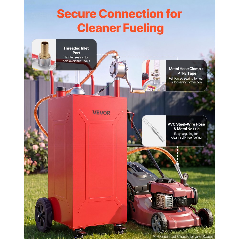VEVOR 30 Gallon Fuel Gas Caddy, Carbon Steel, Portable Fuel Transfer Storage Tank with Manual Pump and 4 Wheels, Gasoline Diesel Can Container, for Cars, Lawn Mowers, ATVs, Boats, Motorcycles, Red