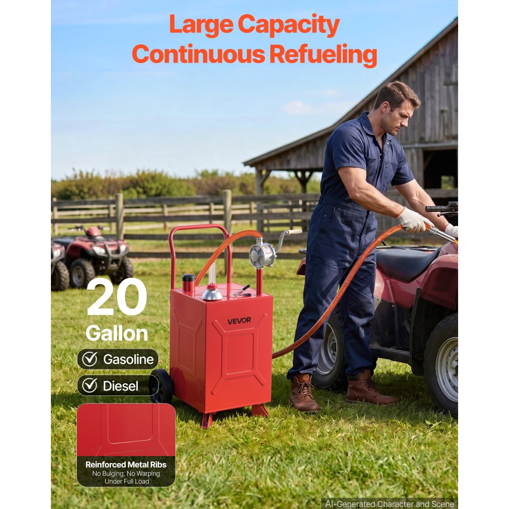 VEVOR 20 Gallon Fuel Gas Caddy, Carbon Steel, Portable Fuel Transfer Storage Tank with Manual Pump & Rolling Wheels, Gasoline Diesel Can Container, for Cars, Lawn Mowers, ATVs, Boats, Motorcycles, Red
