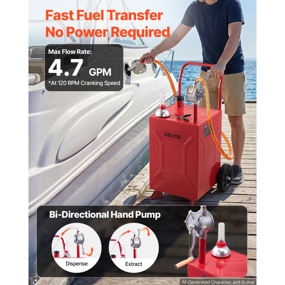 VEVOR 20 Gallon Fuel Gas Caddy, Carbon Steel, Portable Fuel Transfer Storage Tank with Manual Pump & Rolling Wheels, Gasoline Diesel Can Container, for Cars, Lawn Mowers, ATVs, Boats, Motorcycles, Red