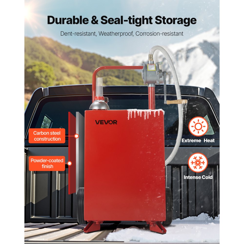 VEVOR 20 Gallon Fuel Caddy, Gasoline & Diesel Fuel Tank with Manual Transfer Pump, Portable Fuel Storage Tank with 2 Wheels & 10 ft Hose, Gas Caddy for Cars, Lawn Mowers, ATVs, Boats, More, Red