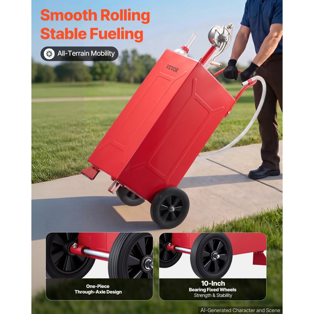 VEVOR 30 Gallon Fuel Gas Caddy, Carbon Steel, Portable Fuel Transfer Storage Tank with Manual Pump & 2 Wheels, Gasoline Diesel Can Container, for Cars, Lawn Mowers, ATVs, Boats, Motorcycles, Red