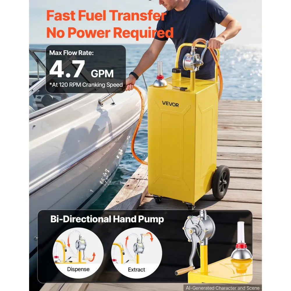 VEVOR 30 Gallon Fuel Gas Caddy, Carbon Steel, Portable Fuel Transfer Storage Tank with Manual Pump & 4 Wheels, Gasoline Diesel Can Container, for Cars, Lawn Mowers, ATVs, Boats, Motorcycles, Yellow