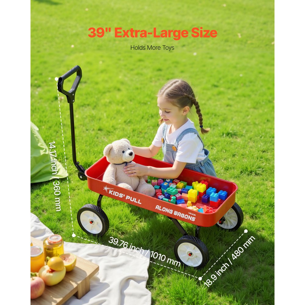 VEVOR Pull-Along Wagon for Kids, 39 inch Toddler Wagons, Supports up to 176 lbs, All-Terrain Wagons with Handle, Utility Wagon Cart Birthday Present for Kids Gardening Beach Camping, Red