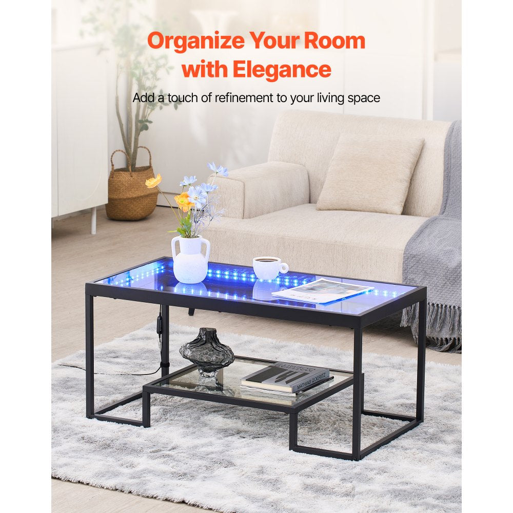 VEVOR Coffee Table, Modern Tempered Glass Coffee Table with Lighting, 2 Tiers Rectangle Glass Center Desk with Open Storage, Minimalist Metal Accent End Desk for Living Room, Office, Easy Assembly