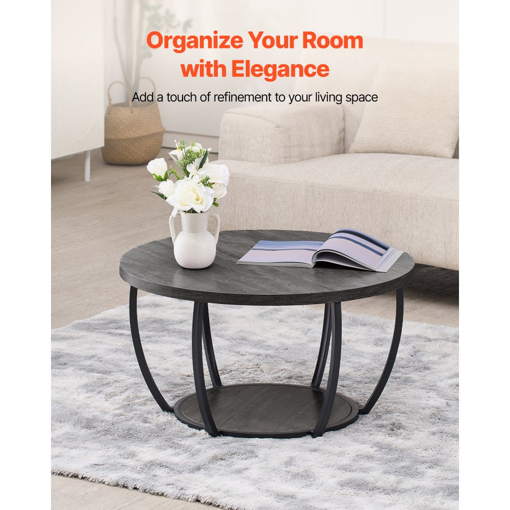 VEVOR Coffee Table, Modern Round Coffee Table, 2 Tiers Wooden Circle Center Desk with Open Storage, Minimalist Sturdy Metal Frame Accent End Desk for Living Room, Office, Easy Assembly, Grey