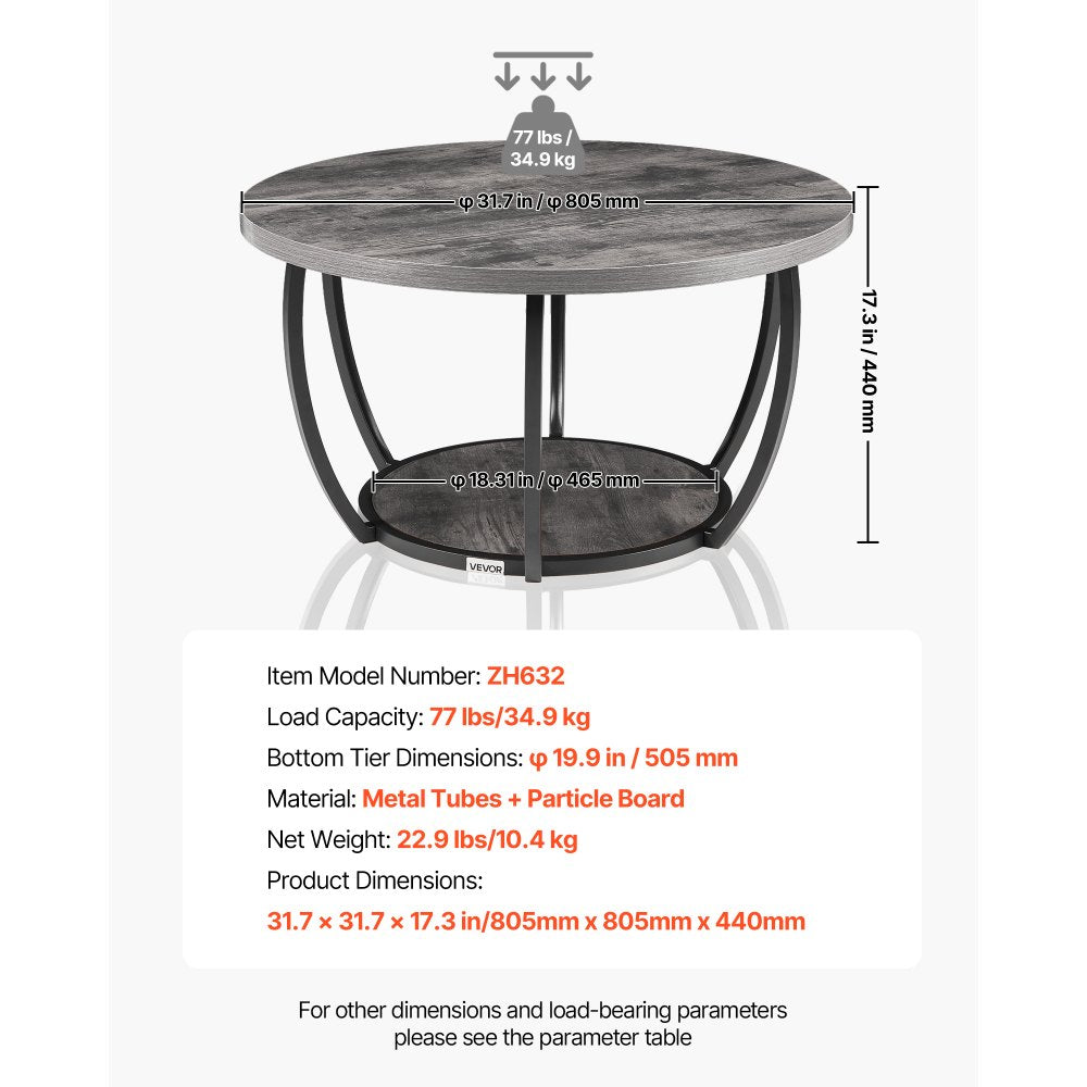 VEVOR Coffee Table, Modern Round Coffee Table, 2 Tiers Wooden Circle Center Desk with Open Storage, Minimalist Sturdy Metal Frame Accent End Desk for Living Room, Office, Easy Assembly, Grey