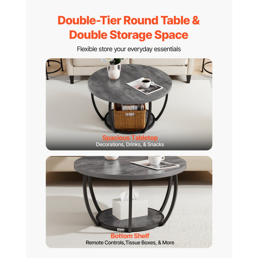 VEVOR Coffee Table, Modern Round Coffee Table, 2 Tiers Wooden Circle Center Desk with Open Storage, Minimalist Sturdy Metal Frame Accent End Desk for Living Room, Office, Easy Assembly, Grey