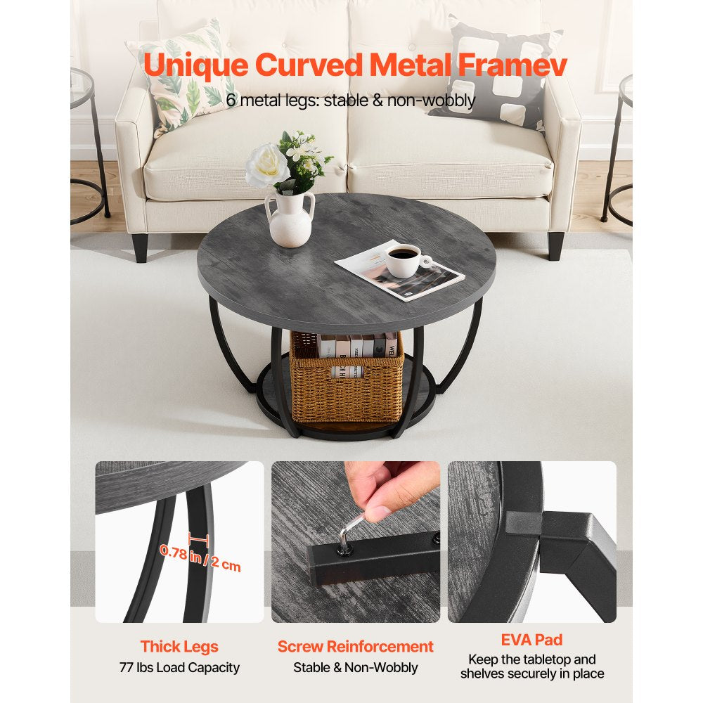 VEVOR Coffee Table, Modern Round Coffee Table, 2 Tiers Wooden Circle Center Desk with Open Storage, Minimalist Sturdy Metal Frame Accent End Desk for Living Room, Office, Easy Assembly, Grey