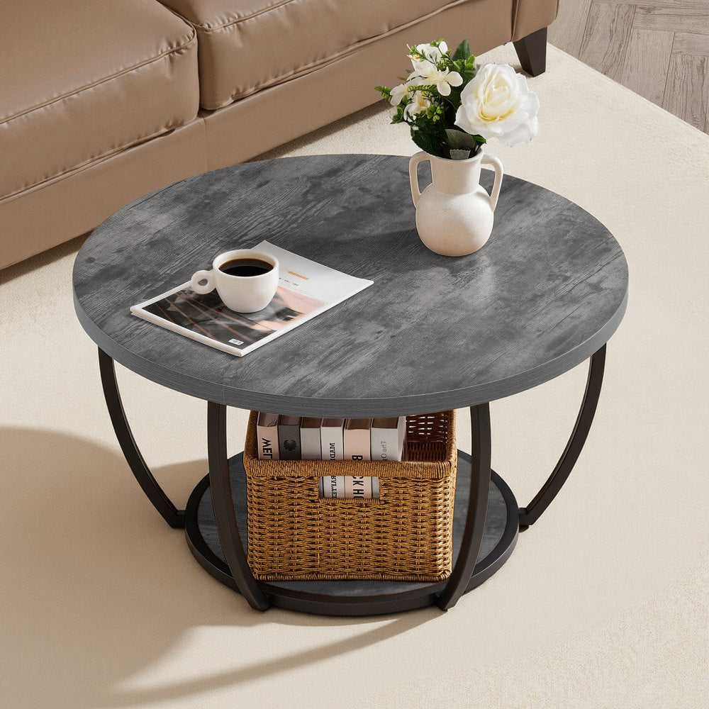 VEVOR Coffee Table, Modern Round Coffee Table, 2 Tiers Wooden Circle Center Desk with Open Storage, Minimalist Sturdy Metal Frame Accent End Desk for Living Room, Office, Easy Assembly, Grey