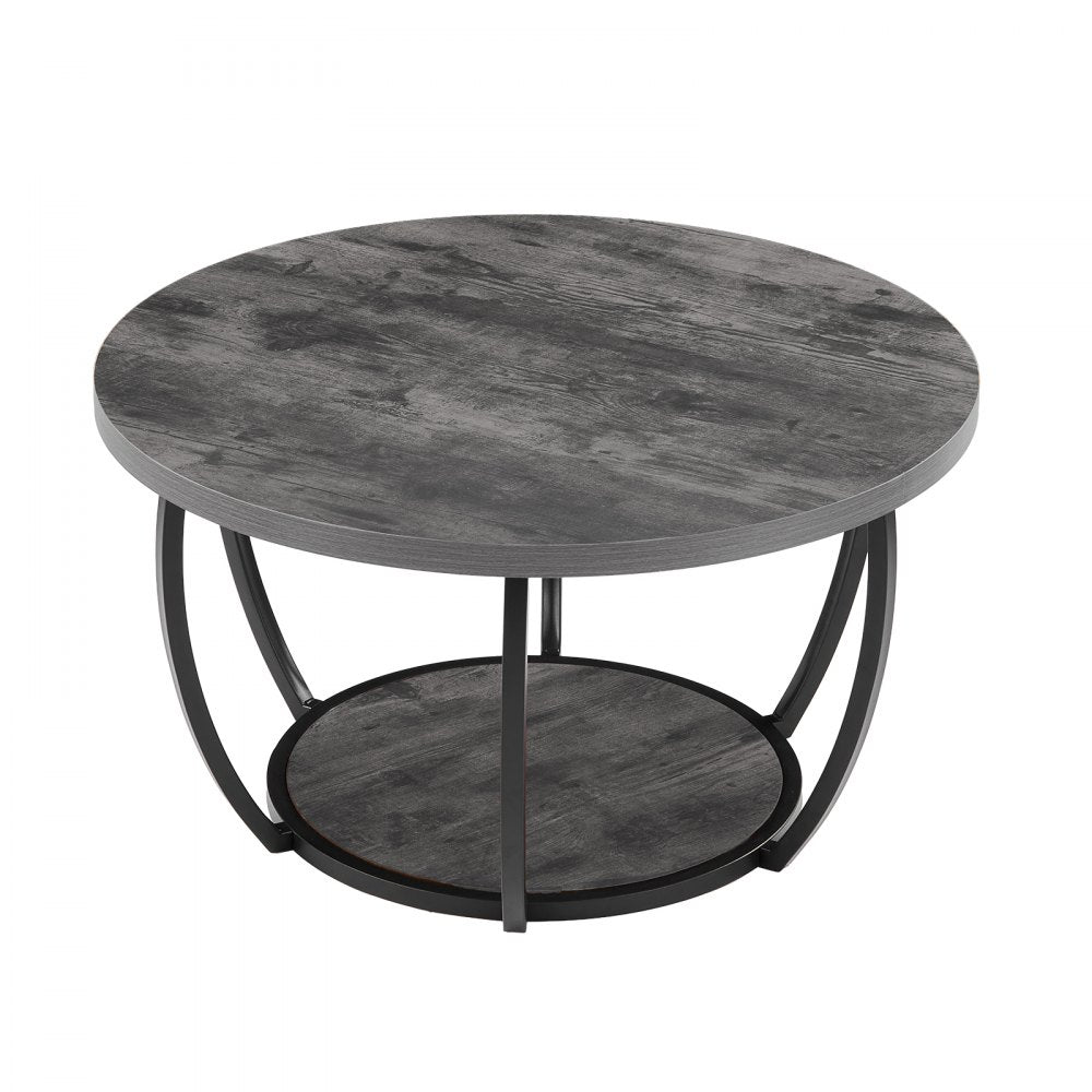 VEVOR Coffee Table, Modern Round Coffee Table, 2 Tiers Wooden Circle Center Desk with Open Storage, Minimalist Sturdy Metal Frame Accent End Desk for Living Room, Office, Easy Assembly, Grey