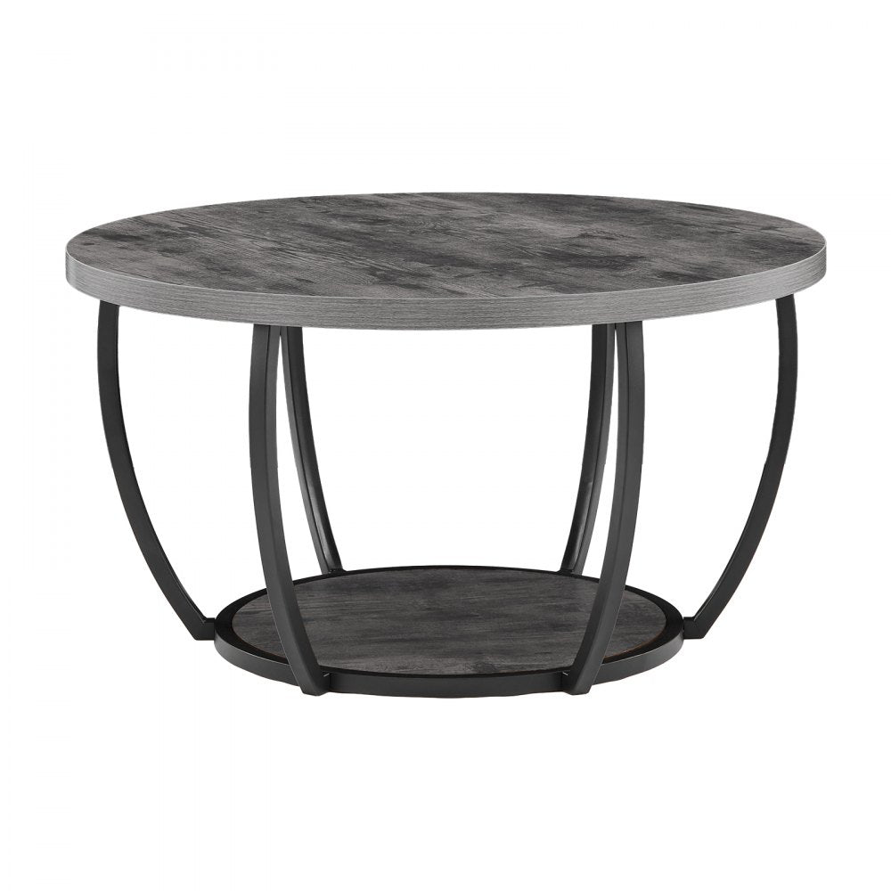 VEVOR Coffee Table, Modern Round Coffee Table, 2 Tiers Wooden Circle Center Desk with Open Storage, Minimalist Sturdy Metal Frame Accent End Desk for Living Room, Office, Easy Assembly, Grey