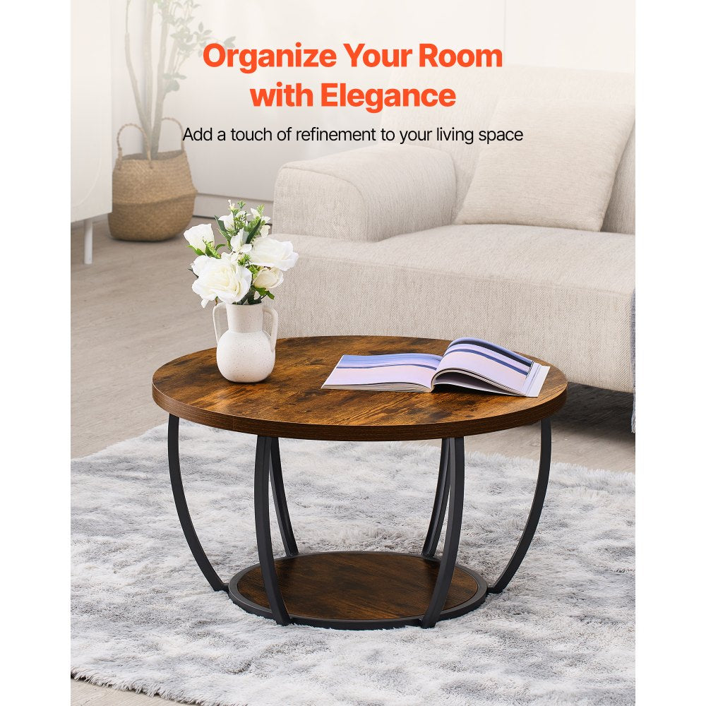 VEVOR Coffee Table, Modern Round Coffee Table, 2 Tiers Wooden Circle Center Desk with Open Storage, Minimalist Sturdy Metal Frame Accent End Desk for Living Room, Office, Easy Assembly, Rustic Brown