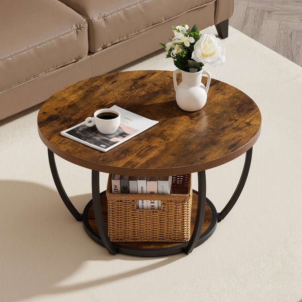VEVOR Coffee Table, Modern Round Coffee Table, 2 Tiers Wooden Circle Center Desk with Open Storage, Minimalist Sturdy Metal Frame Accent End Desk for Living Room, Office, Easy Assembly, Rustic Brown