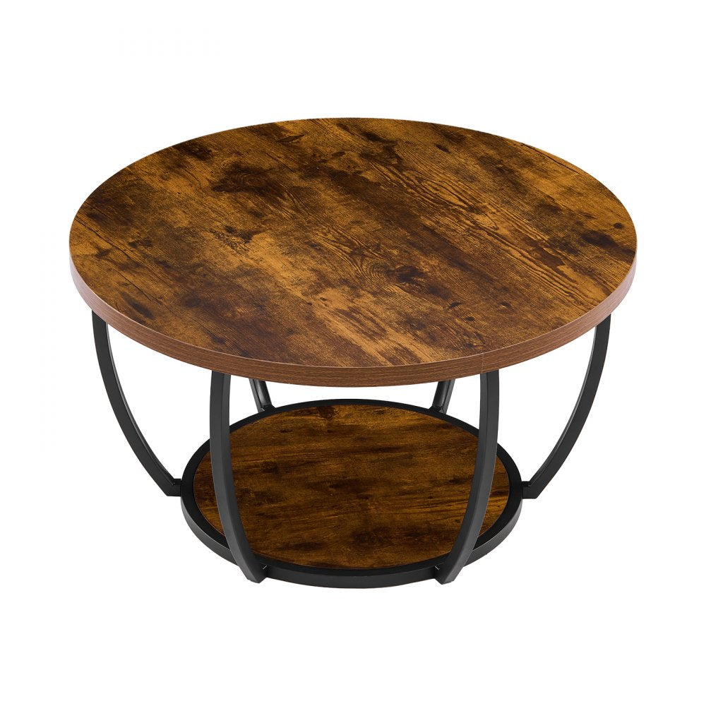 VEVOR Coffee Table, Modern Round Coffee Table, 2 Tiers Wooden Circle Center Desk with Open Storage, Minimalist Sturdy Metal Frame Accent End Desk for Living Room, Office, Easy Assembly, Rustic Brown