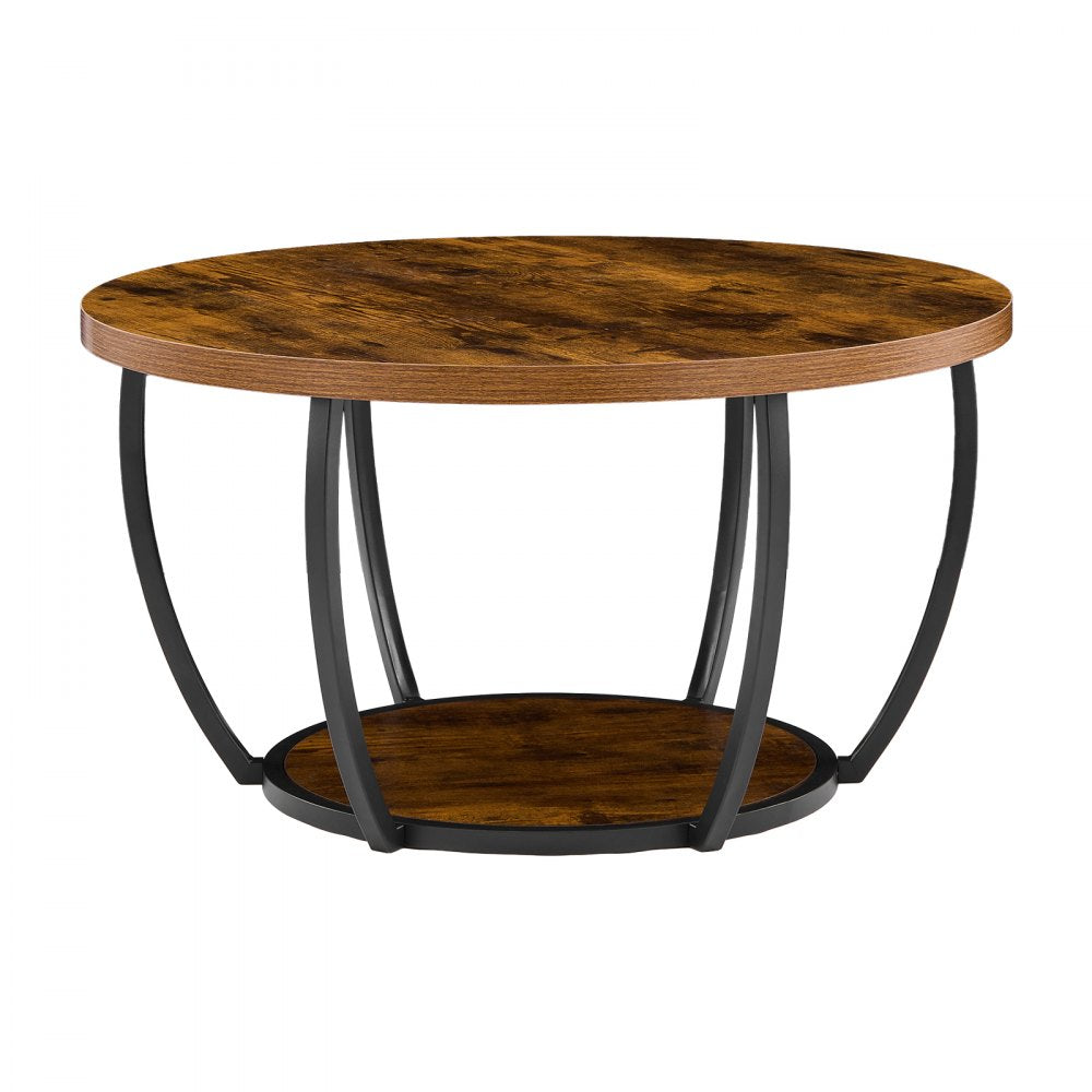 VEVOR Coffee Table, Modern Round Coffee Table, 2 Tiers Wooden Circle Center Desk with Open Storage, Minimalist Sturdy Metal Frame Accent End Desk for Living Room, Office, Easy Assembly, Rustic Brown