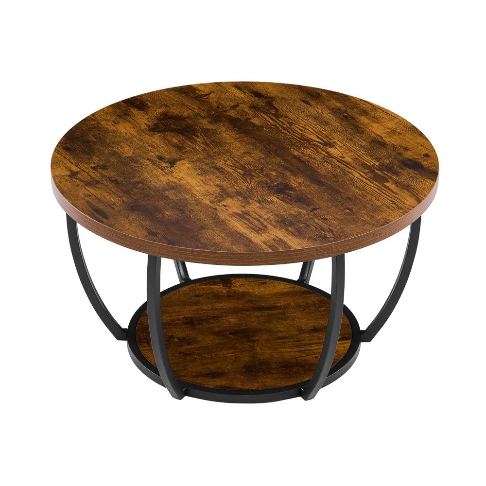 VEVOR Coffee Table, Modern Round Coffee Table, 2 Tiers Wooden Circle Center Desk with Open Storage, Minimalist Sturdy Metal Frame Accent End Desk for Living Room, Office, Easy Assembly, Rustic Brown