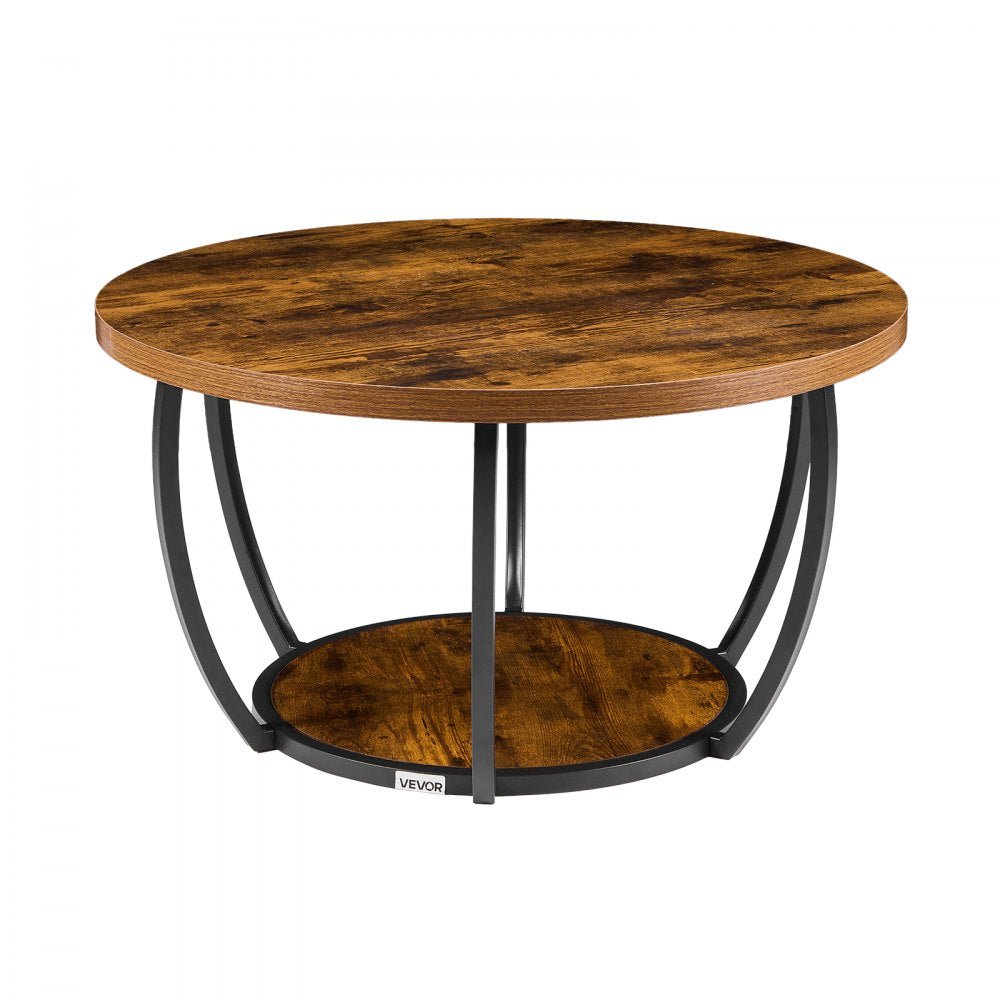 VEVOR Coffee Table, Modern Round Coffee Table, 2 Tiers Wooden Circle Center Desk with Open Storage, Minimalist Sturdy Metal Frame Accent End Desk for Living Room, Office, Easy Assembly, Rustic Brown