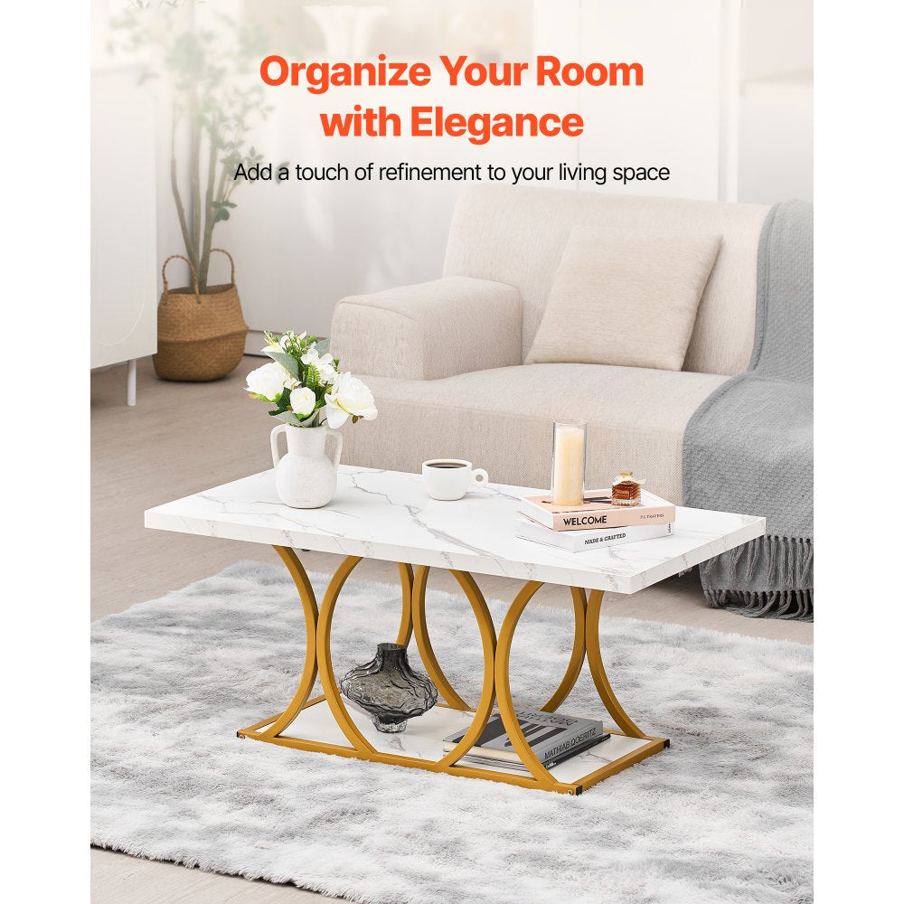 VEVOR Coffee Table, Modern Faux Marble Coffee Table, 2-Tier Rectangle Center Desk with Geometric Legs, Minimalist Sturdy Metal Frame Accent End Desk for Living Room, Office, Easy Assembly, White