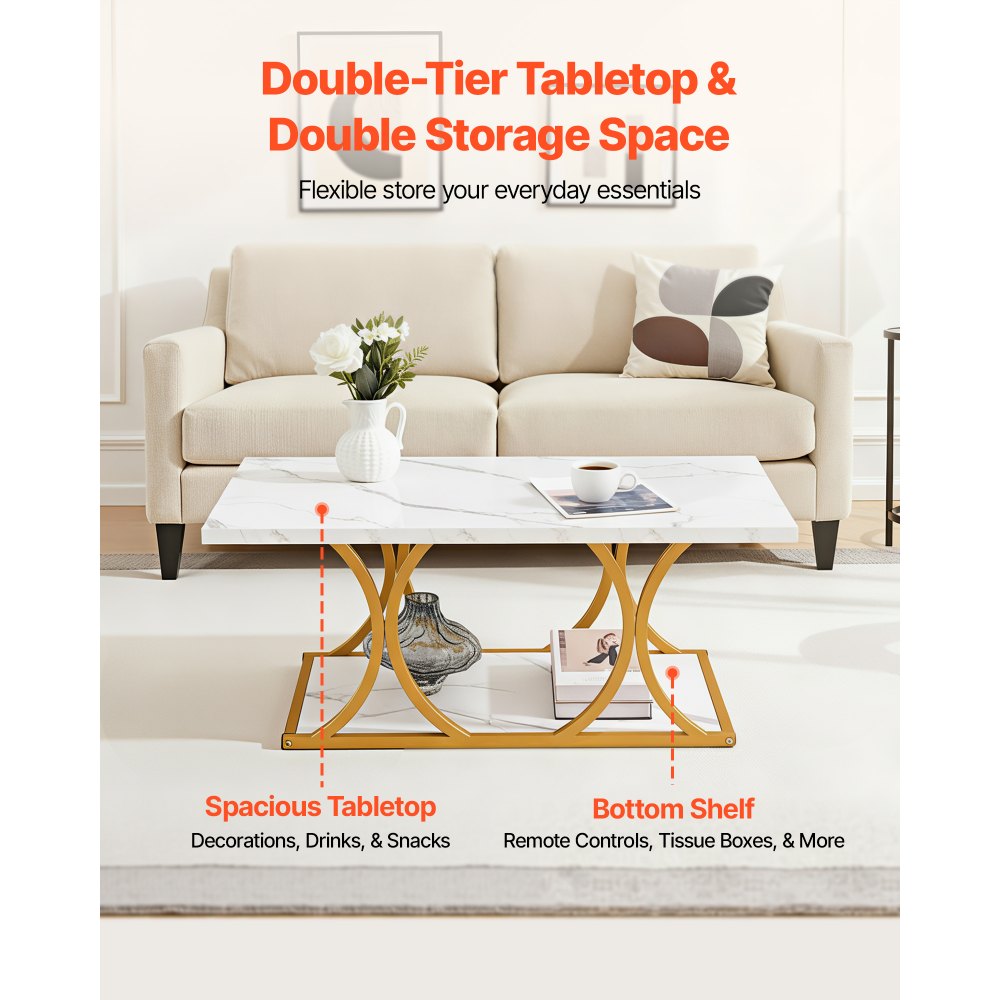 VEVOR Coffee Table, Modern Faux Marble Coffee Table, 2-Tier Rectangle Center Desk with Geometric Legs, Minimalist Sturdy Metal Frame Accent End Desk for Living Room, Office, Easy Assembly, White
