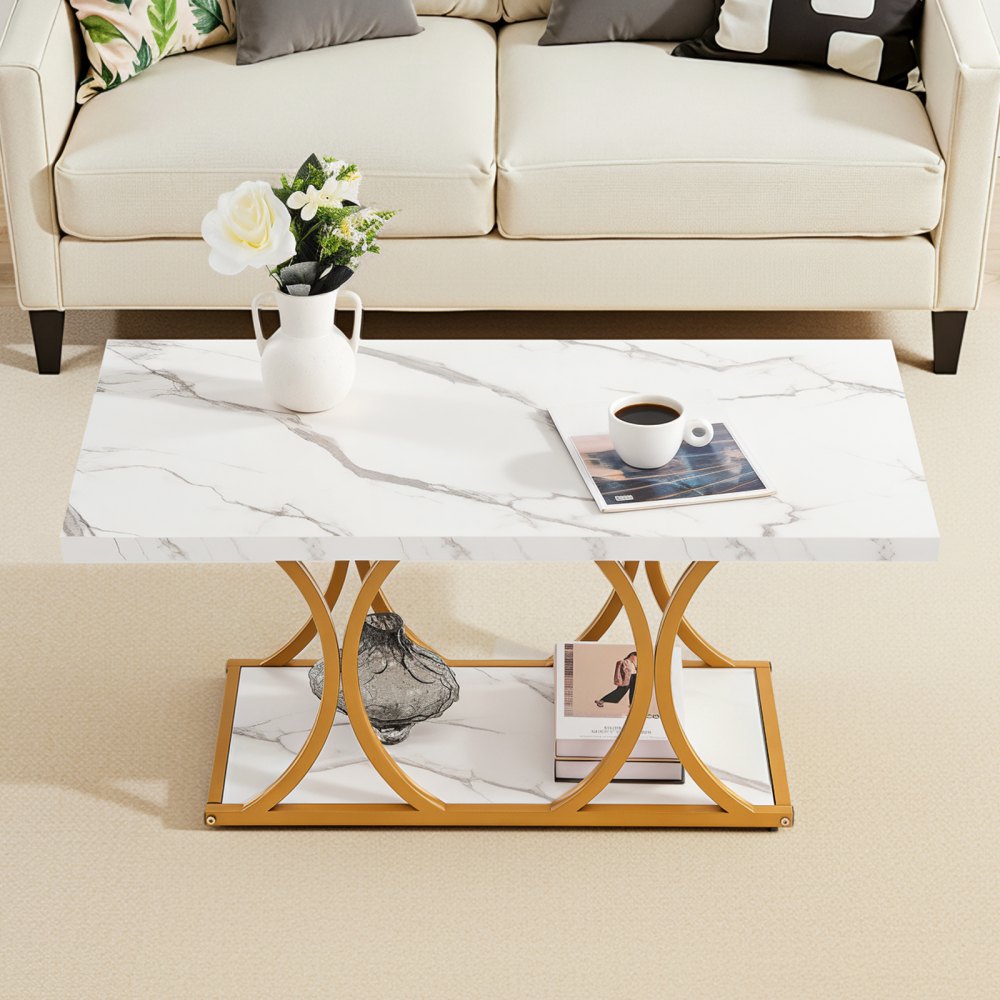 VEVOR Coffee Table, Modern Faux Marble Coffee Table, 2-Tier Rectangle Center Desk with Geometric Legs, Minimalist Sturdy Metal Frame Accent End Desk for Living Room, Office, Easy Assembly, White