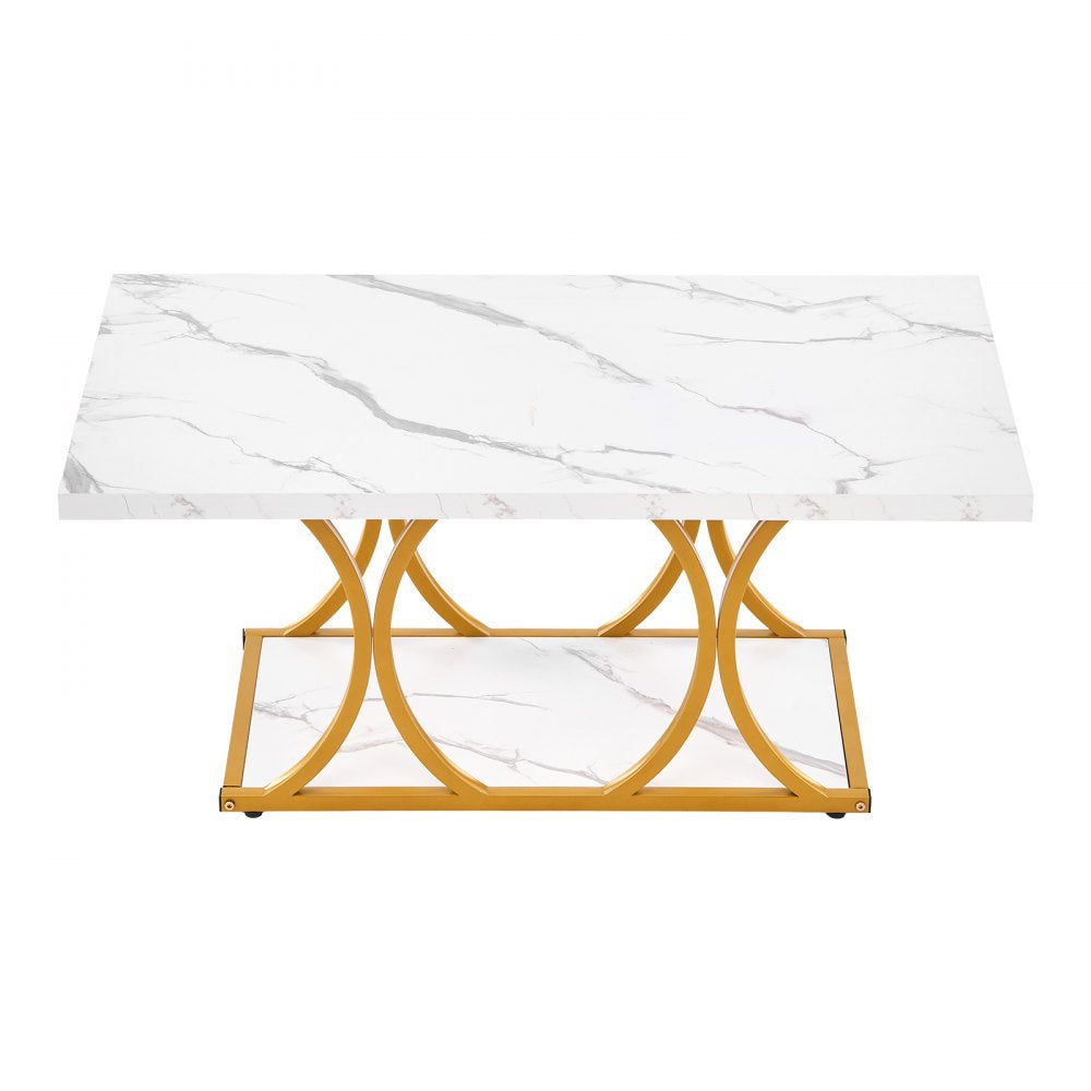 VEVOR Coffee Table, Modern Faux Marble Coffee Table, 2-Tier Rectangle Center Desk with Geometric Legs, Minimalist Sturdy Metal Frame Accent End Desk for Living Room, Office, Easy Assembly, White