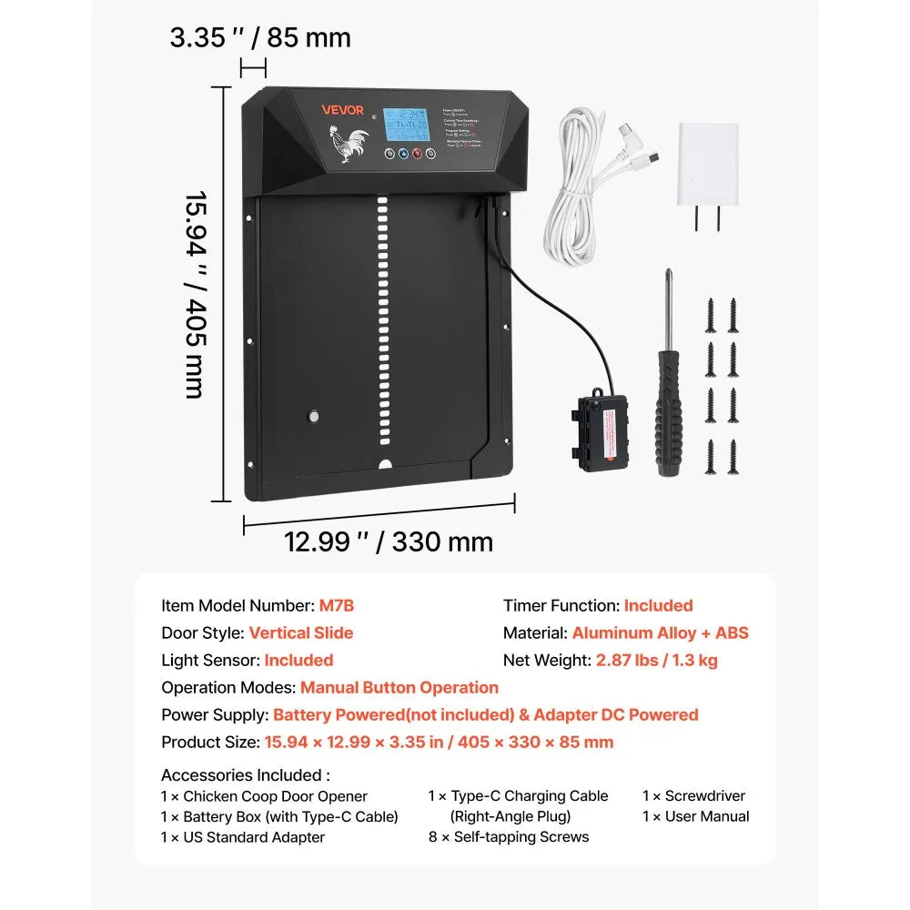 VEVOR Automatic Chicken Coop Door, DC & Battery Powered Chicken Door with LCD Display, Light Sensor, Timer & Manual Setting, Anti-Pinch Security, Durable Aluminum Alloy, Chick Run Gate Opener for Farm