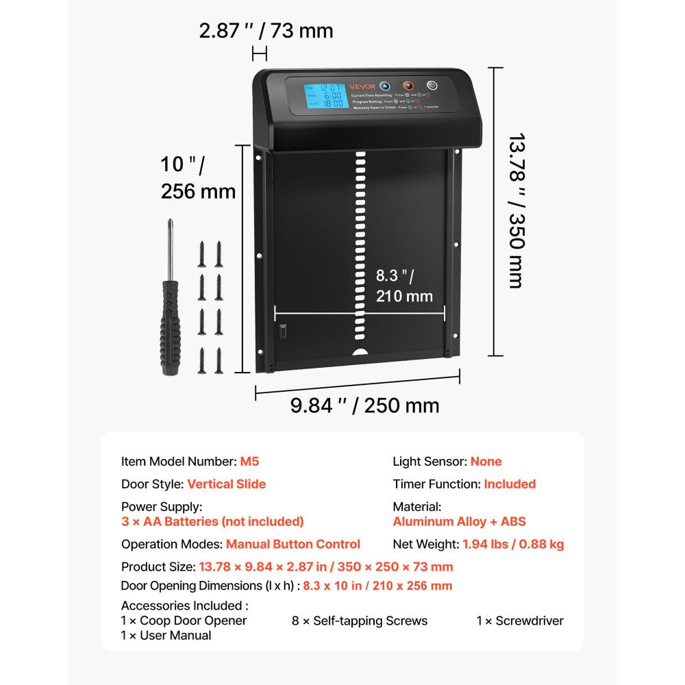 VEVOR Automatic Chicken Coop Door, Battery Powered Chicken Coop Door with Timer & Manual Setting, Anti-Pinch Security, Durable Aluminum Alloy, Auto Chick Run Gate Opener with Waterproof Sealing, Black