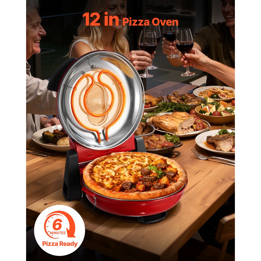 VEVOR Pizza Oven, 12 in Electric Pizza Maker, 1200W Electric Pizzas Cooker with Cordierite Stone, 5-Mode Temperature Control, Viewing Window for Precise Cooking, Heats up to 788 ˚F, for Home (Red)