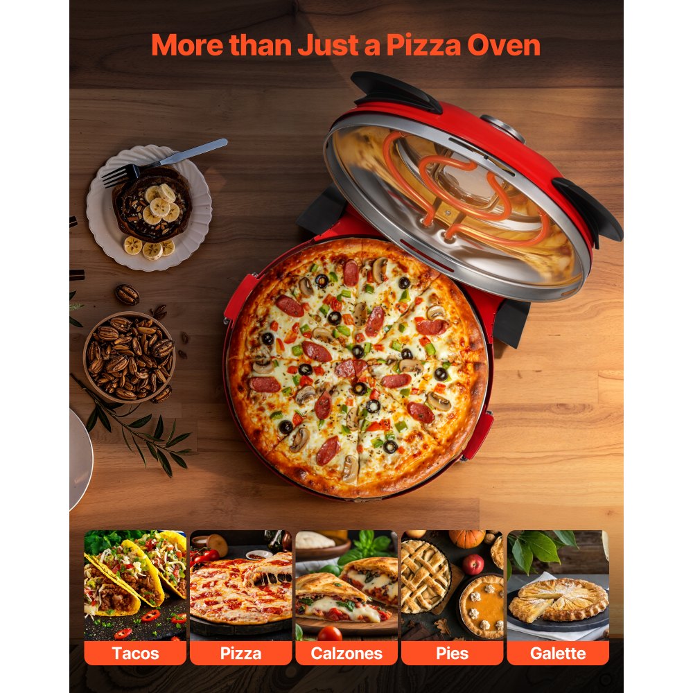 VEVOR Pizza Oven, 12 in Electric Pizza Maker, 1200W Electric Pizzas Cooker with Cordierite Stone, 5-Mode Temperature Control, Viewing Window for Precise Cooking, Heats up to 788 ˚F, for Home (Red)