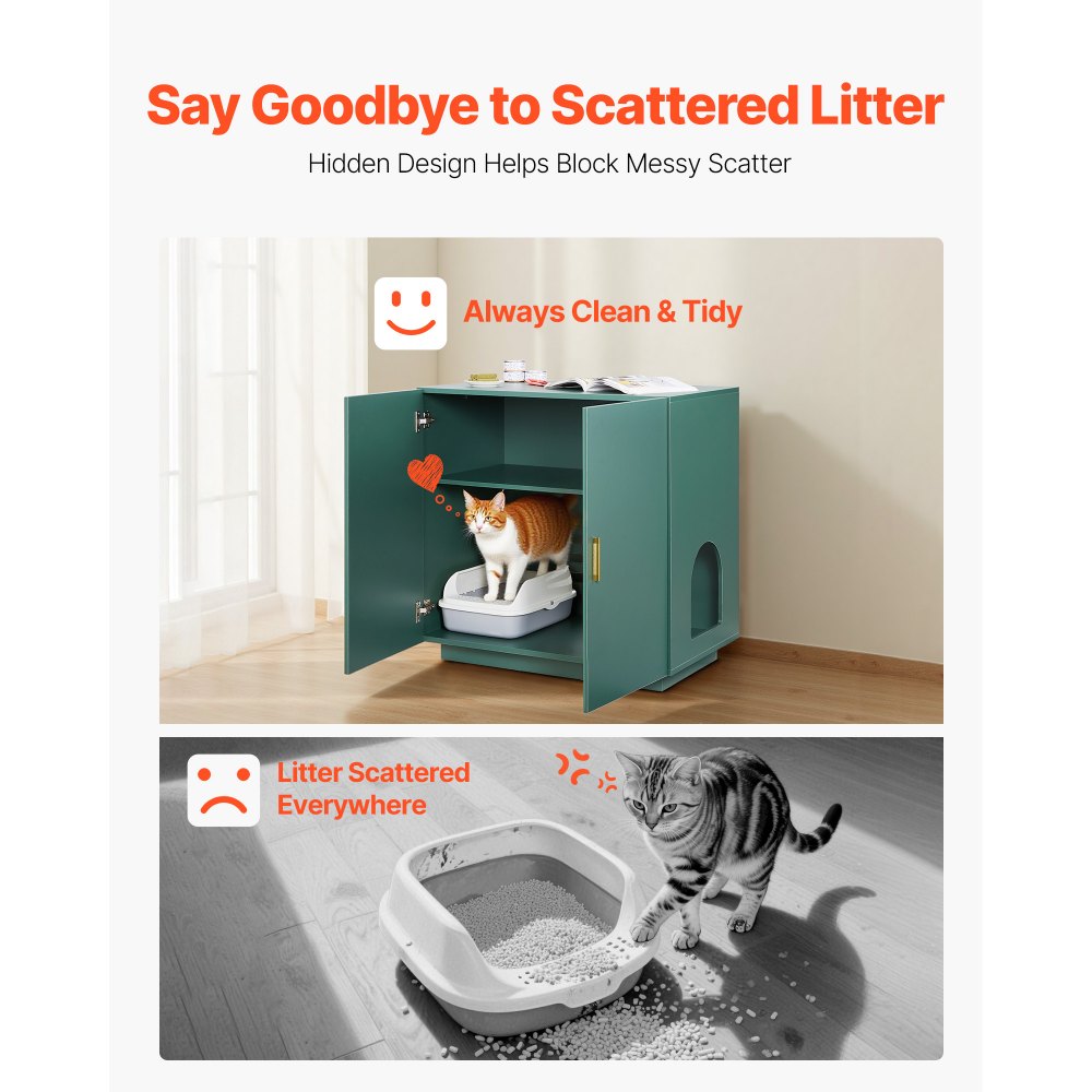 VEVOR Cat Litter Box Enclosure, 31.5 in Hidden Litter Box Cabinet, Wooden Indoor Cat Washroom with Ventilated Holes, Double-Door Kitty Pet House Furniture, End Side Table Fit Most Litterboxes