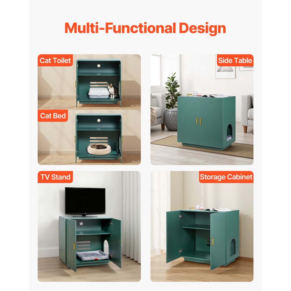 VEVOR Cat Litter Box Enclosure, 31.5 in Hidden Litter Box Cabinet, Wooden Indoor Cat Washroom with Ventilated Holes, Double-Door Kitty Pet House Furniture, End Side Table Fit Most Litterboxes