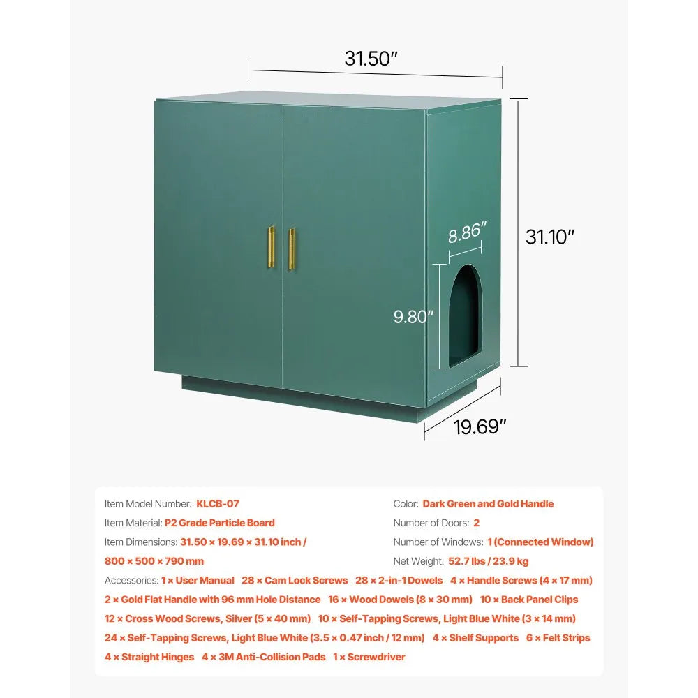 VEVOR Cat Litter Box Enclosure, 31.5 in Hidden Litter Box Cabinet, Wooden Indoor Cat Washroom with Ventilated Holes, Double-Door Kitty Pet House Furniture, End Side Table Fit Most Litterboxes