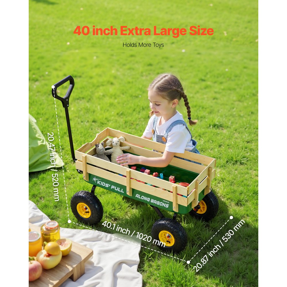VEVOR Pull-Along Wagon for Kids, 39 inch Toddler Wagons with Wooden Panels & Handle, Supports up to 330 lbs, All-Terrain Utility Wagon Cart Birthday Present for Kids Gardening Beach, Green