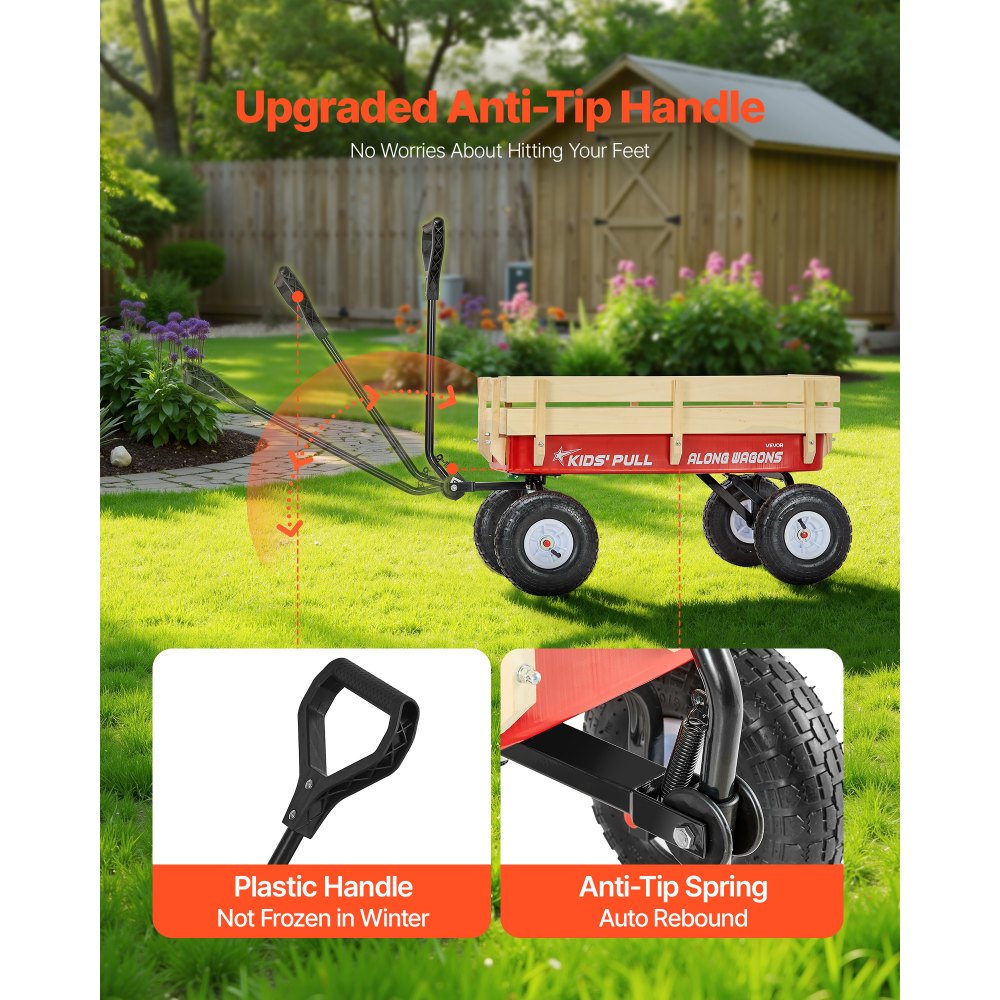 VEVOR Pull-Along Wagon for Kids, 39 inch Toddler Wagons with Wooden Panels & Handle, Supports up to 330 lbs, All-Terrain Utility Wagon Cart Birthday Present for Kids Gardening Beach, Red