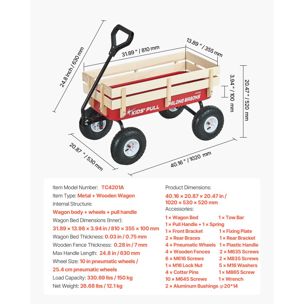 VEVOR Pull-Along Wagon for Kids, 39 inch Toddler Wagons with Wooden Panels & Handle, Supports up to 330 lbs, All-Terrain Utility Wagon Cart Birthday Present for Kids Gardening Beach, Red