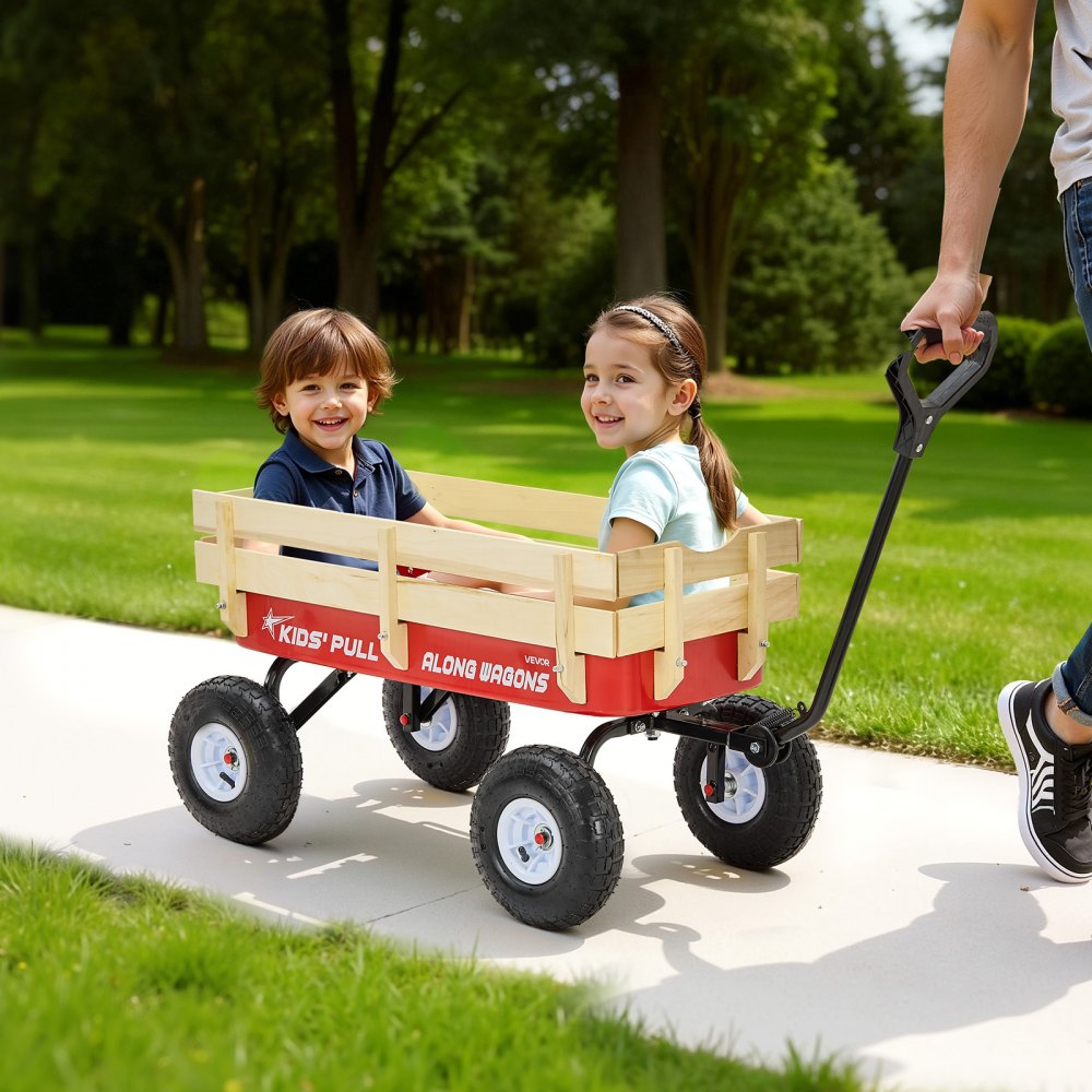 VEVOR Pull-Along Wagon for Kids, 39 inch Toddler Wagons with Wooden Panels & Handle, Supports up to 330 lbs, All-Terrain Utility Wagon Cart Birthday Present for Kids Gardening Beach, Red