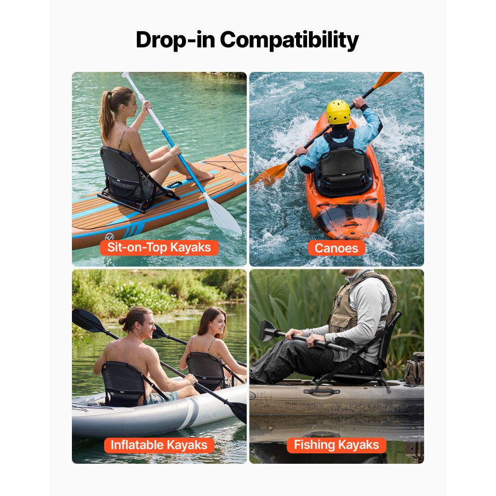 VEVOR Kayak Seat, 1 Pack 1.3" Raised Height, Universal Foldable Canoe Seat with Adjustable Back Support, Adjustable Straps, and Aluminum Alloy Frame for Sit-on-Top/Fishing/Inflatable Kayaks & Canoes