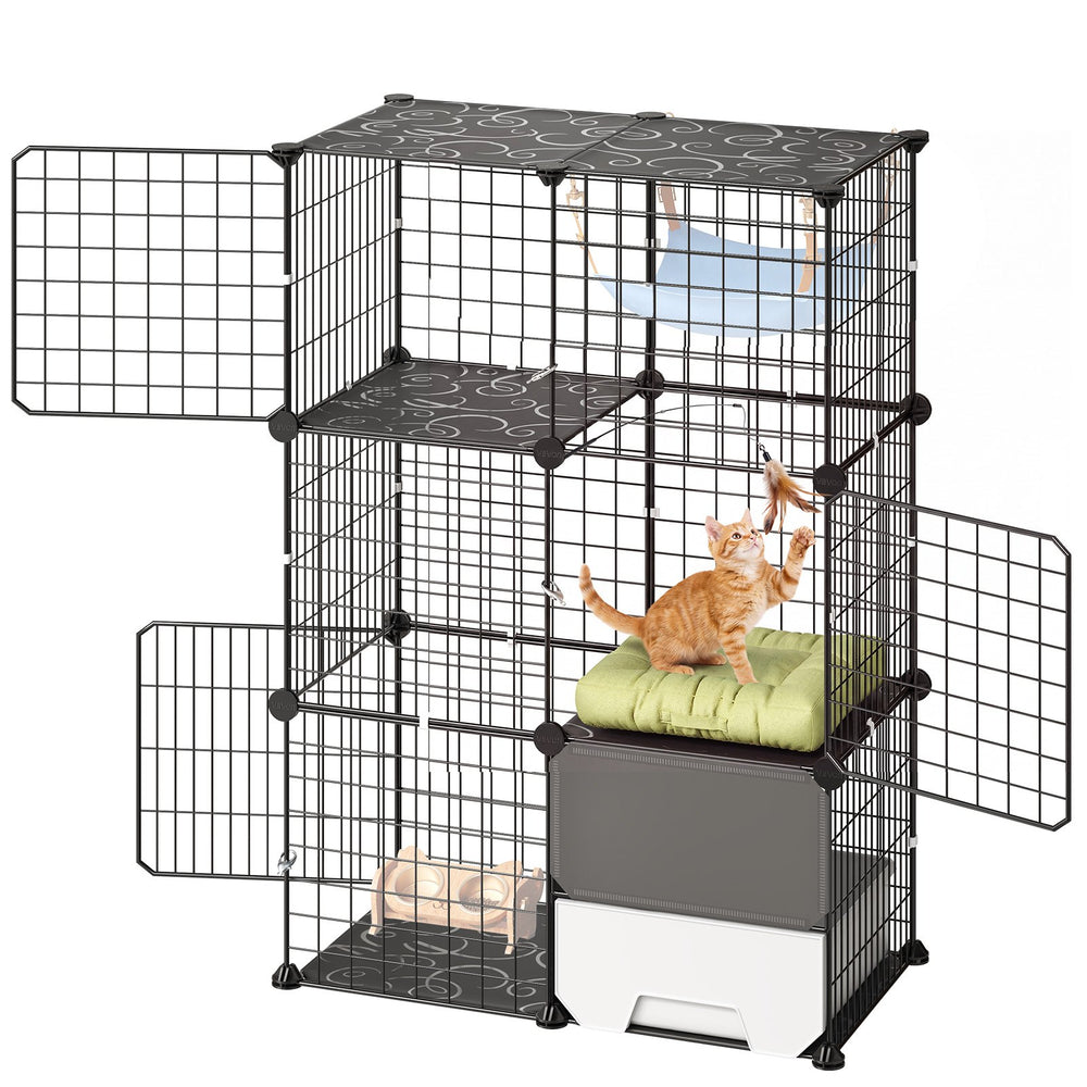 VEVOR Cat Cage 3-Tier 28"x17.91"x40.98" DIY Cat Playpen with Litter Box, Indoor Enclosure Detachable Metal Wire Kennel Crate, Large Exercise Place Ideal for 1-2 Cats, Kittens and Small Animals, Black