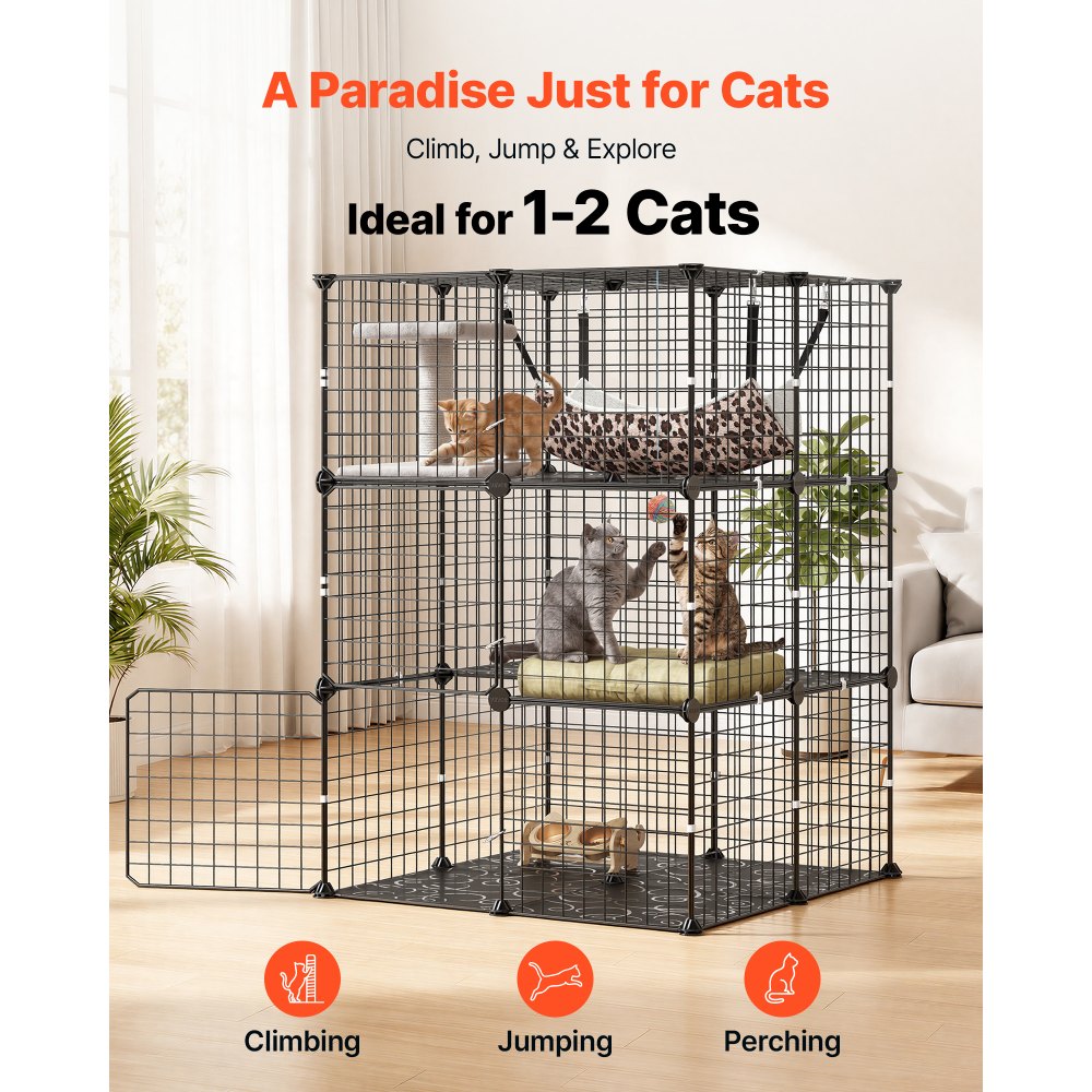 VEVOR Cat Cage 3-Tier 27.99"x27.99"x40.98" DIY Cat Playpen with Hammock, Indoor Enclosure Detachable Metal Wire Kennel Crate, Large Exercise Place Ideal for 1-2 Cats, Kittens and Small Animals, Black