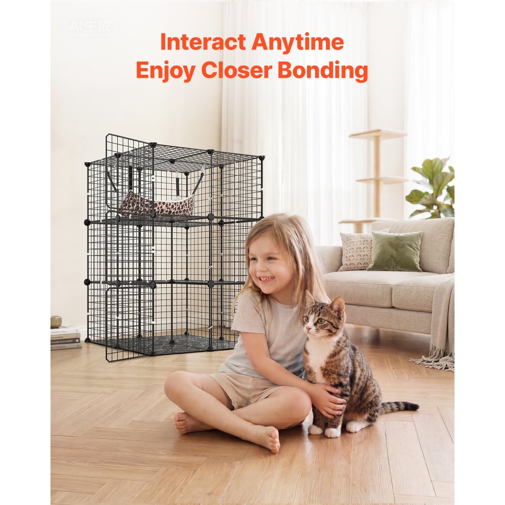 VEVOR Cat Cage 3-Tier 27.99"x27.99"x40.98" DIY Cat Playpen with Hammock, Indoor Enclosure Detachable Metal Wire Kennel Crate, Large Exercise Place Ideal for 1-2 Cats, Kittens and Small Animals, Black