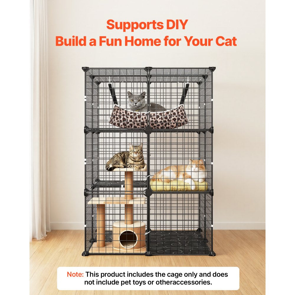 VEVOR Cat Cage 3-Tier 27.99"x27.99"x40.98" DIY Cat Playpen with Hammock, Indoor Enclosure Detachable Metal Wire Kennel Crate, Large Exercise Place Ideal for 1-2 Cats, Kittens and Small Animals, Black