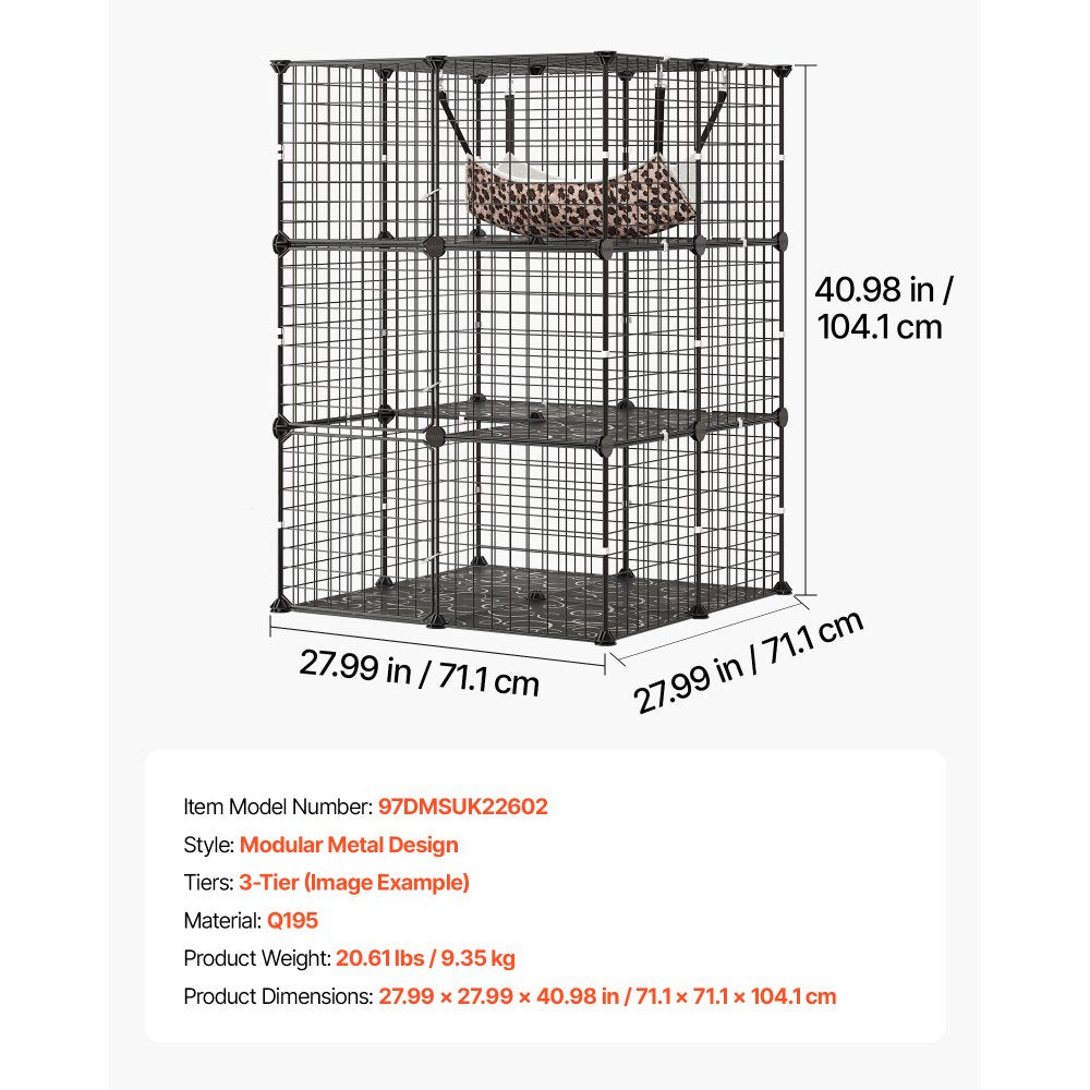 VEVOR Cat Cage 3-Tier 27.99"x27.99"x40.98" DIY Cat Playpen with Hammock, Indoor Enclosure Detachable Metal Wire Kennel Crate, Large Exercise Place Ideal for 1-2 Cats, Kittens and Small Animals, Black