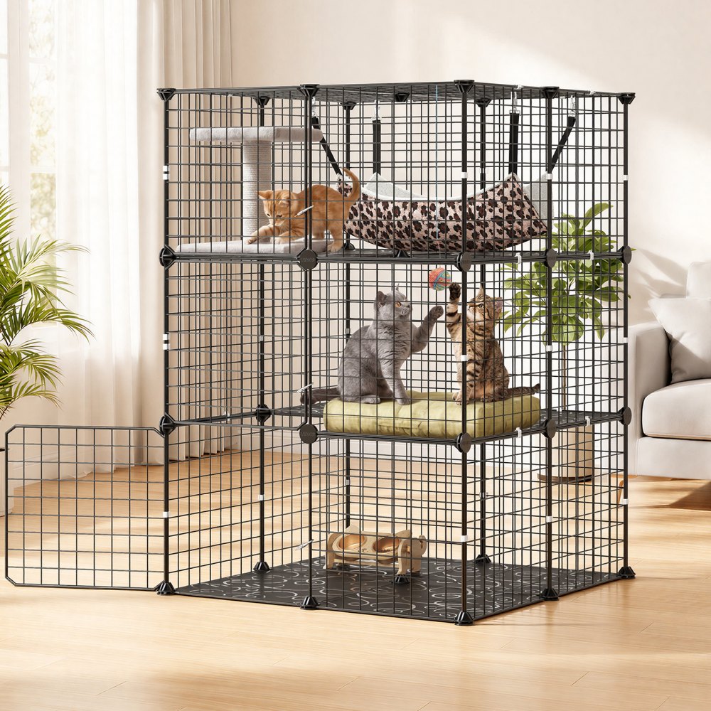 VEVOR Cat Cage 3-Tier 27.99"x27.99"x40.98" DIY Cat Playpen with Hammock, Indoor Enclosure Detachable Metal Wire Kennel Crate, Large Exercise Place Ideal for 1-2 Cats, Kittens and Small Animals, Black