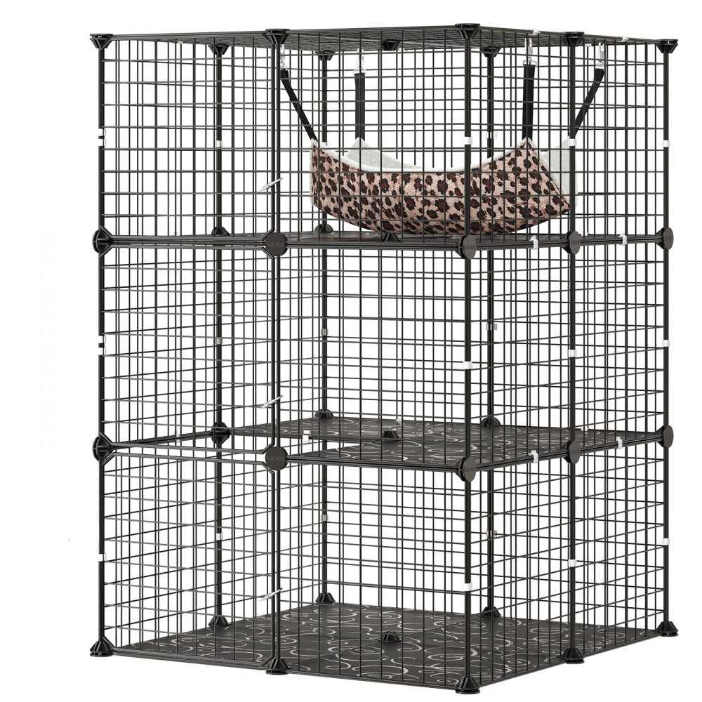 VEVOR Cat Cage 3-Tier 27.99"x27.99"x40.98" DIY Cat Playpen with Hammock, Indoor Enclosure Detachable Metal Wire Kennel Crate, Large Exercise Place Ideal for 1-2 Cats, Kittens and Small Animals, Black