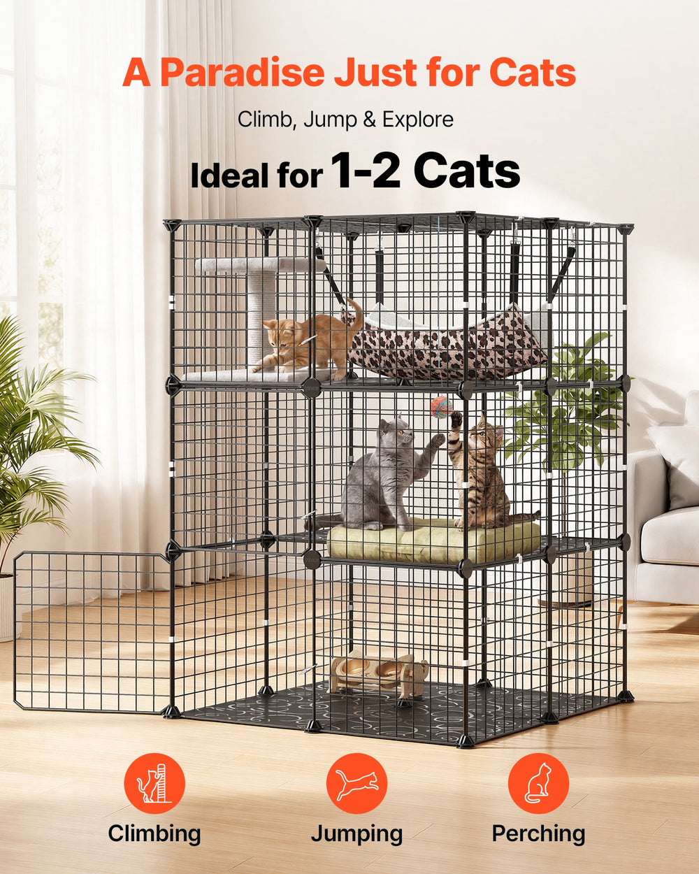 VEVOR Cat Cage 3-Tier 27.99"x27.99"x40.98" DIY Cat Playpen with Hammock, Indoor Enclosure Detachable Metal Wire Kennel Crate, Large Exercise Place Ideal for 1-2 Cats, Kittens and Small Animals, Black