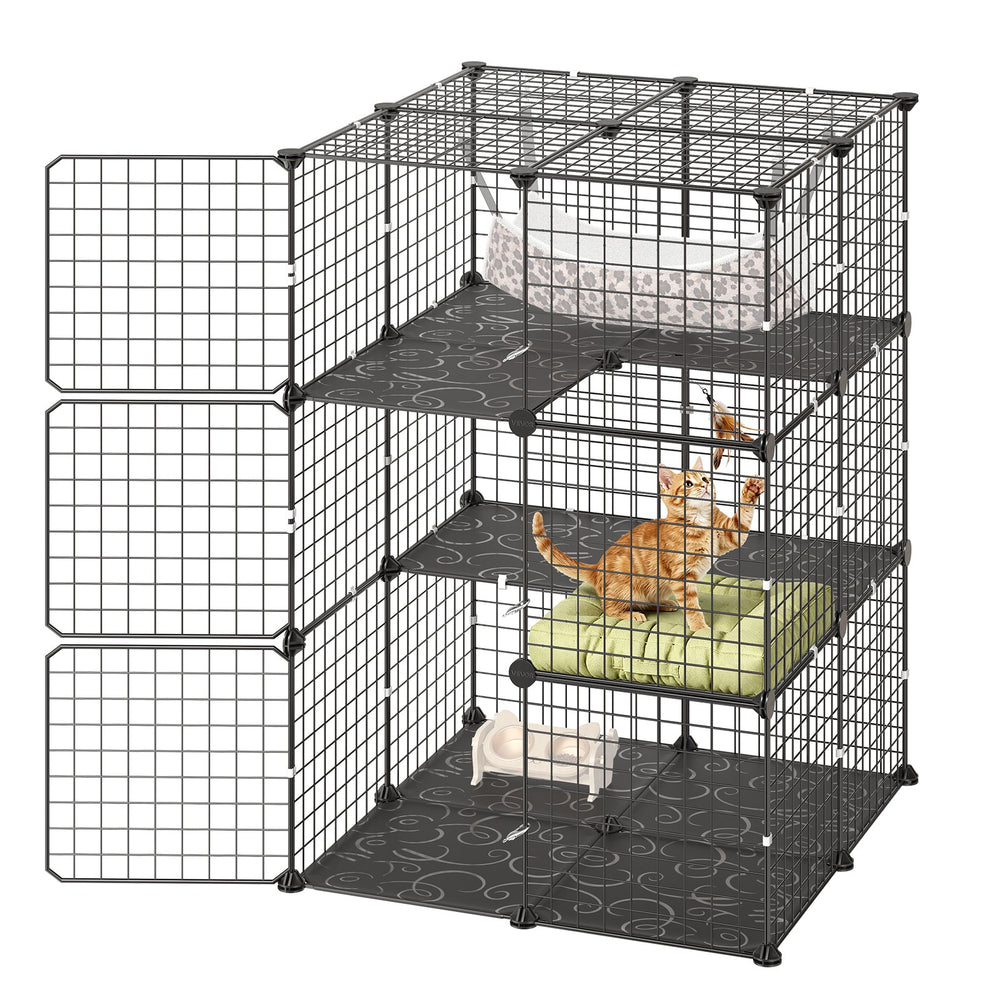 VEVOR Cat Cage 3-Tier 27.99"x27.99"x40.98" DIY Cat Playpen with Hammock, Indoor Enclosure Detachable Metal Wire Kennel Crate, Large Exercise Place Ideal for 1-2 Cats, Kittens and Small Animals, Black