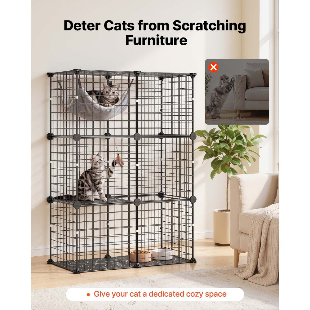 VEVOR Cat Cage 3-Tier 28"x13.98"x40.98" DIY Cat Playpen Indoor Enclosure, Detachable Metal Wire Kennel Crate, Large Exercise Place Ideal for 1-2 Cats, Kittens, Rabbits, Ferrets & Small Animals, Black