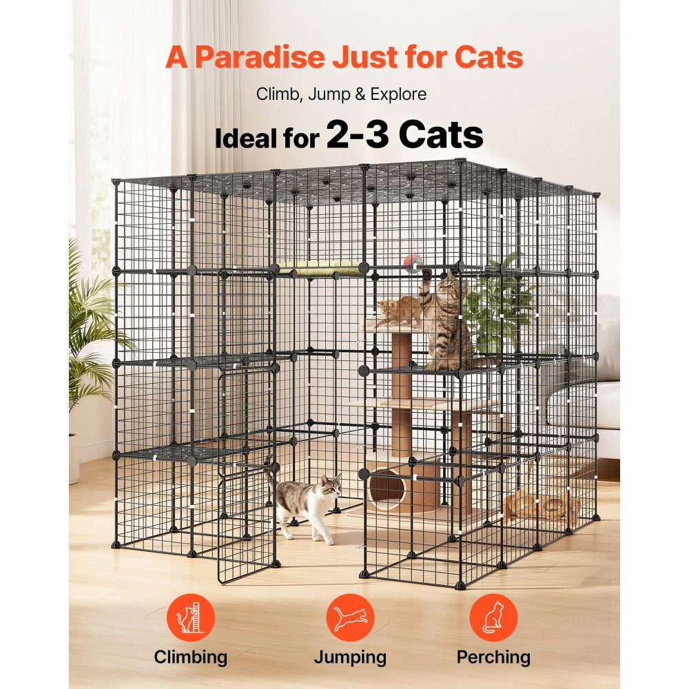 VEVOR Cat Cage 4-Tier 55"x55"x55" Large DIY Cat Playpen Indoor Enclosure, Detachable Metal Wire Kennel Crate with 3 Doors & Locks, Exercise Place Ideal for 2-3 Cats, Kittens and Small Animals, Black