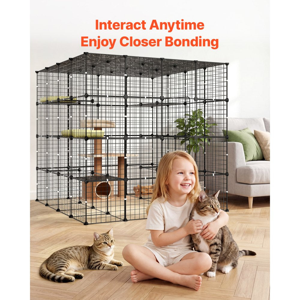 VEVOR Cat Cage 4-Tier 55"x55"x55" Large DIY Cat Playpen Indoor Enclosure, Detachable Metal Wire Kennel Crate with 3 Doors & Locks, Exercise Place Ideal for 2-3 Cats, Kittens and Small Animals, Black